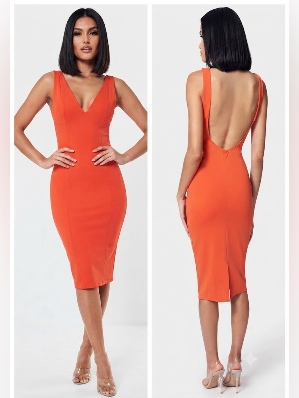 bebe Sleeveless V-Neck Low -Cut Midi Dress in Orange Striking Elegance 🔥